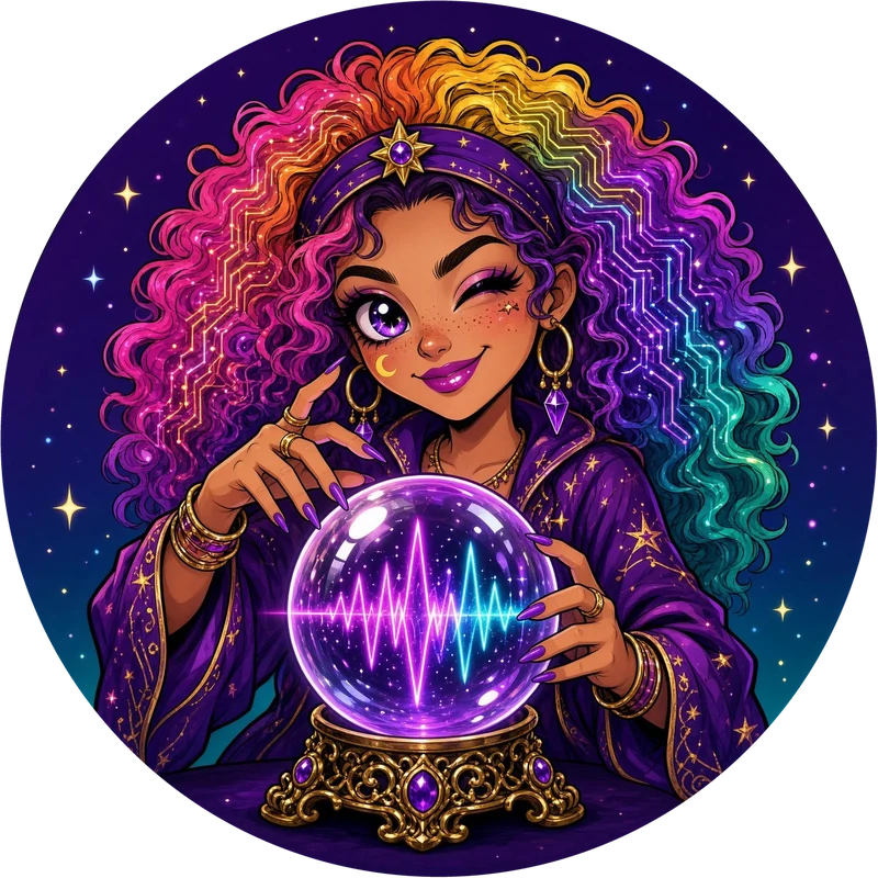 Karma, Woogorithm's mystic fortune-teller, winking over a crystal ball with a neon waveform inside. Her curly hair is rainbow-colored and threaded with glowing circuit lines.